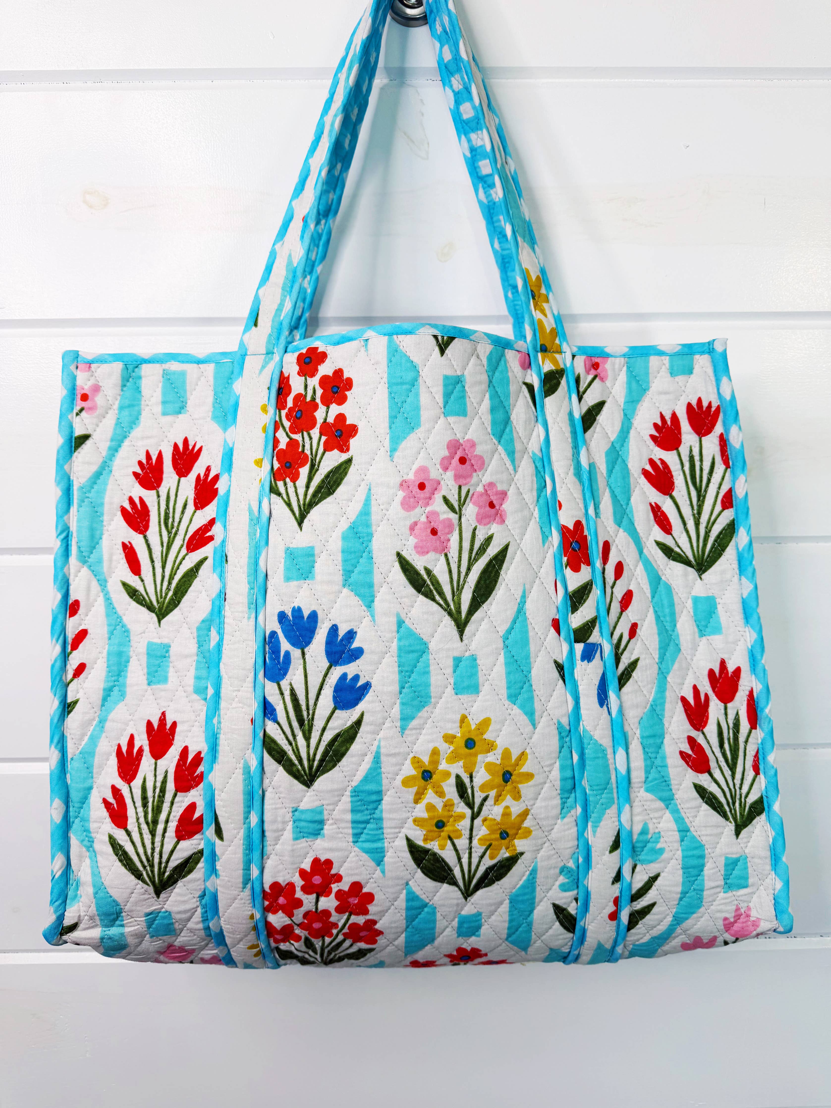Tote Bags Quilted | Large Travel Tote | Aqua Garden Party