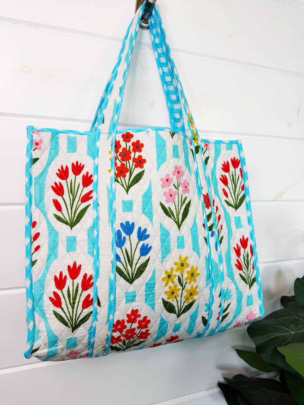 Tote Bags Quilted | Large Travel Tote | Aqua Garden Party