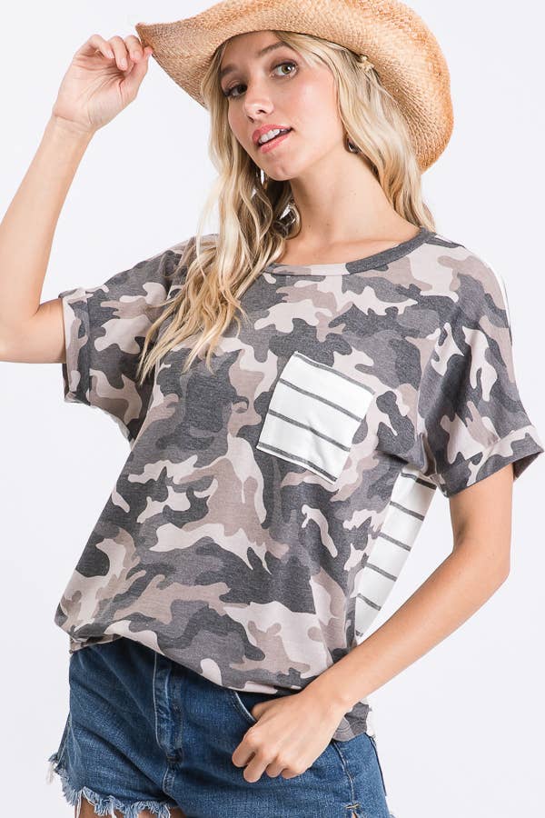 7th Ray Camo Print Striped Pocket Top