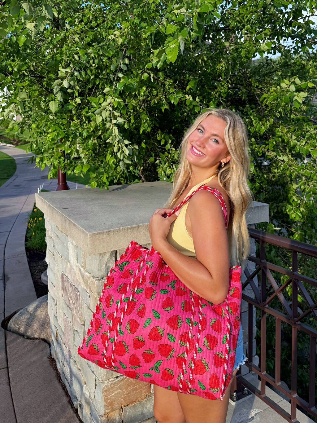 Quilted Tote Bag | Pink Strawberry Bag | Large Shopping Tote