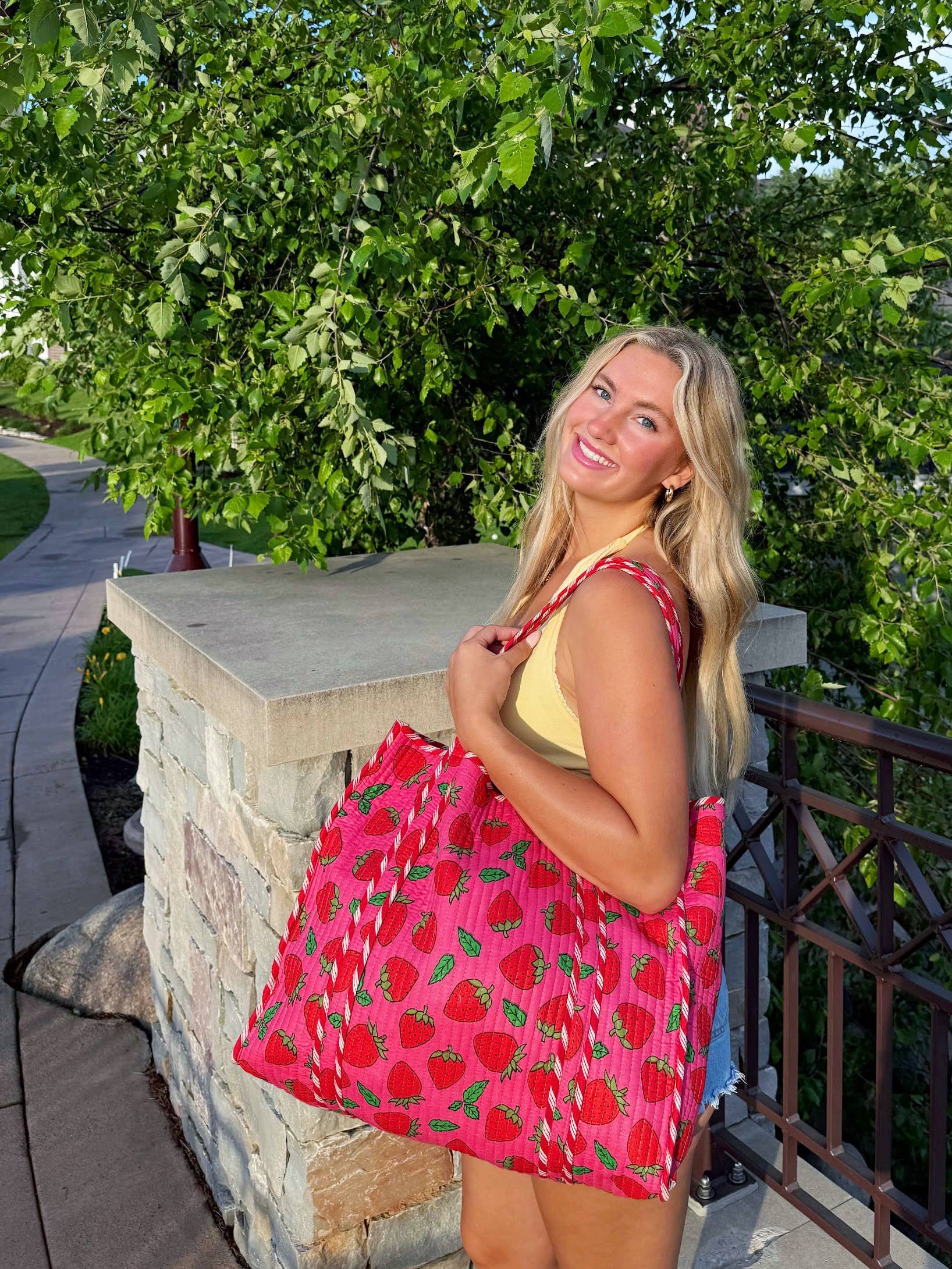 Quilted Tote Bag | Pink Strawberry Bag | Large Shopping Tote