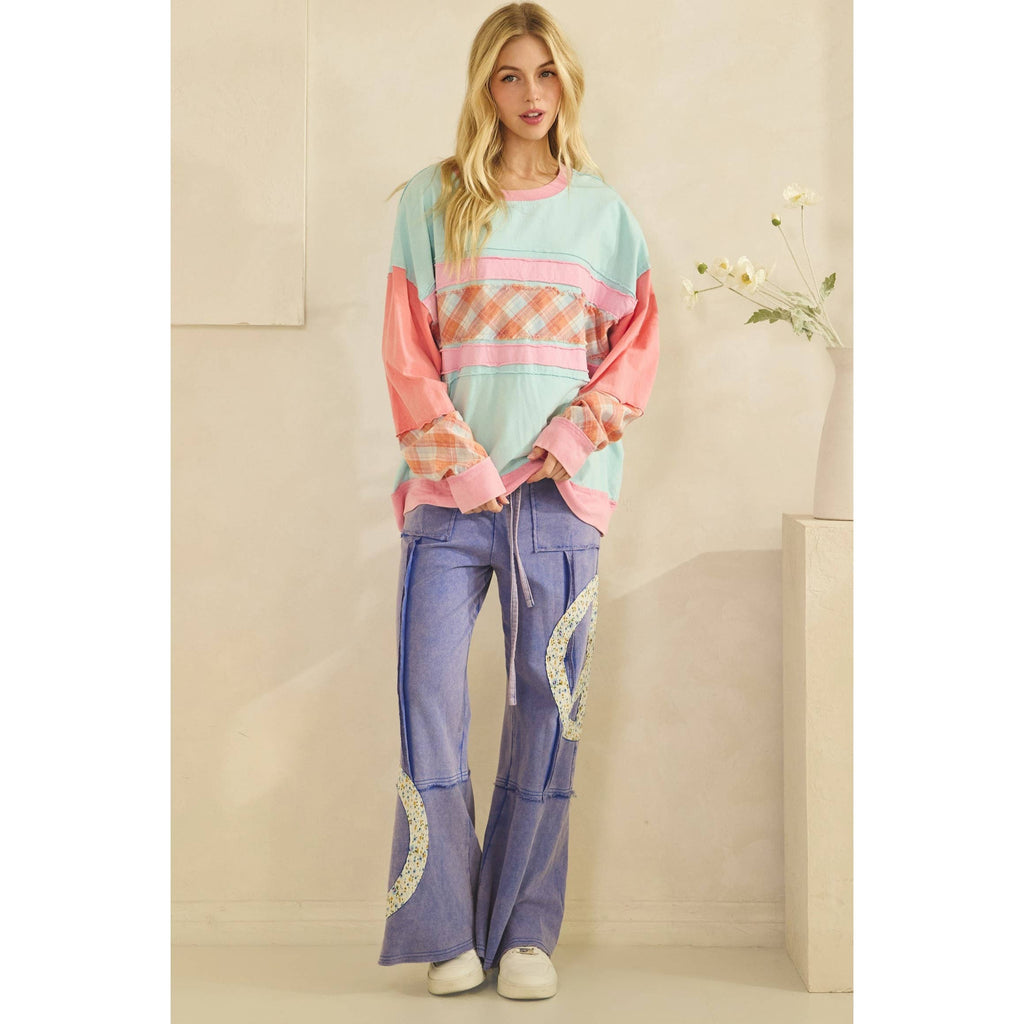 Sage + Fig COLORBLOCK PLAID PATCHWORK PULLOVER