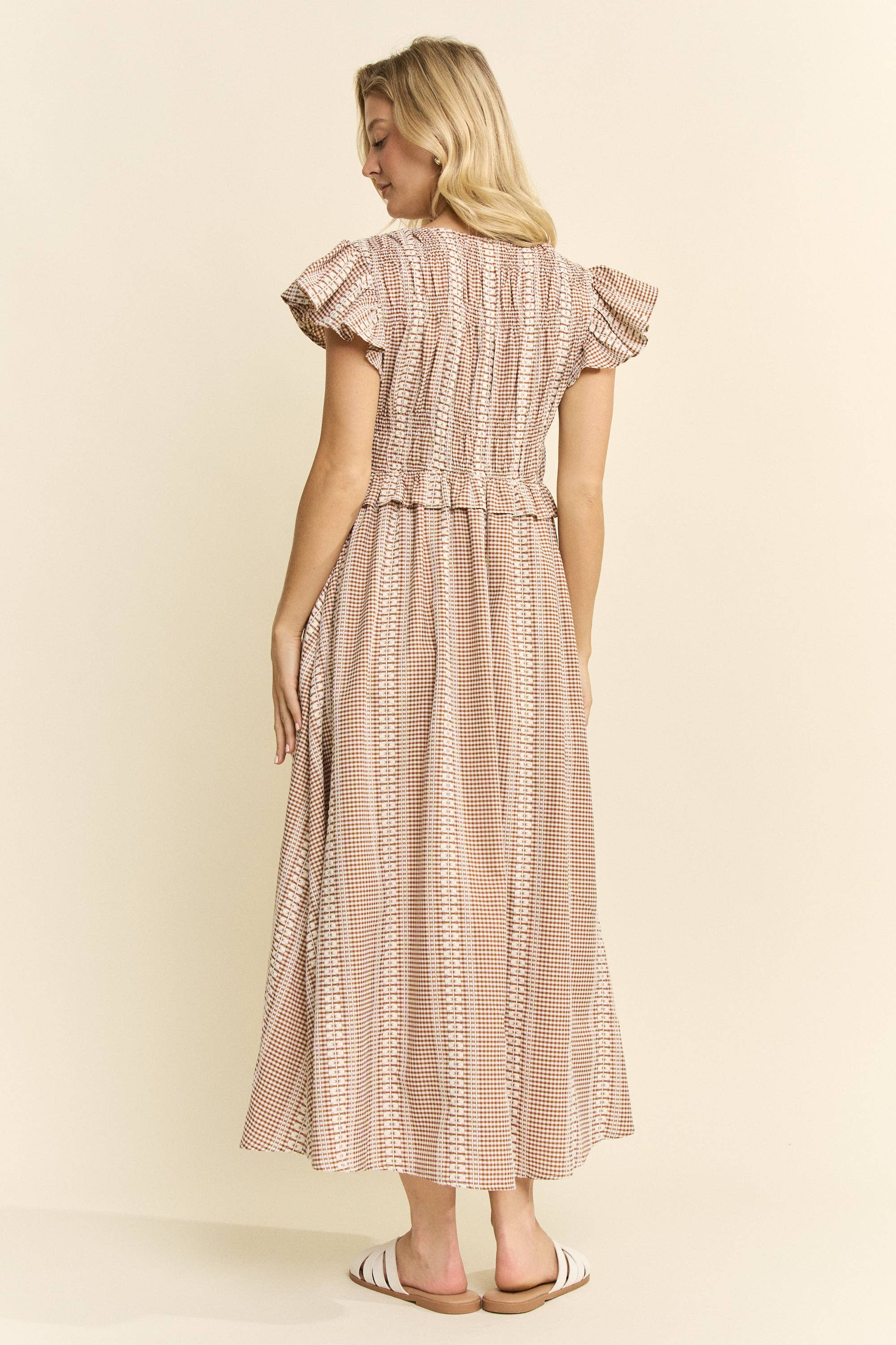VINTAGE CHECK SMOCKED MIDI DRESS