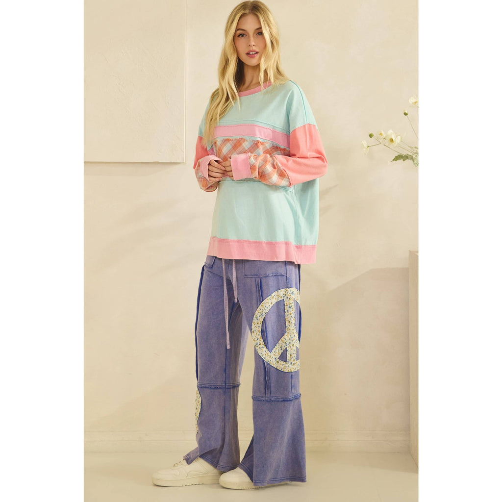 Sage + Fig COLORBLOCK PLAID PATCHWORK PULLOVER