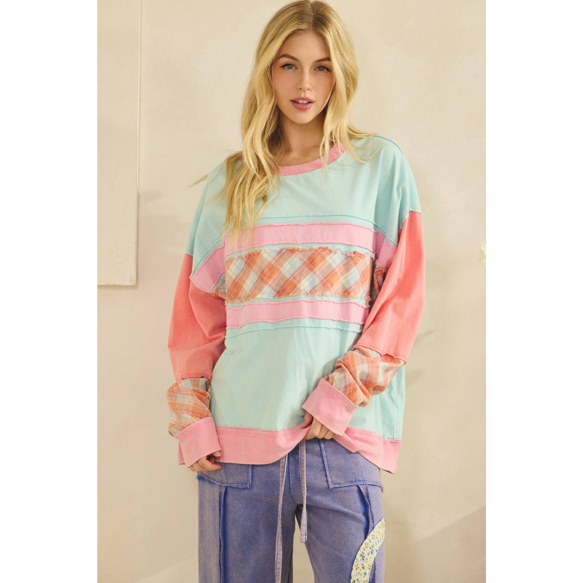 Sage + Fig COLORBLOCK PLAID PATCHWORK PULLOVER