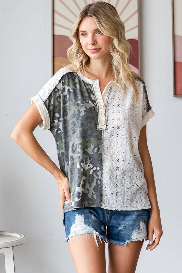 PLUS 7th Ray Camo Animal Lace Contrast Top