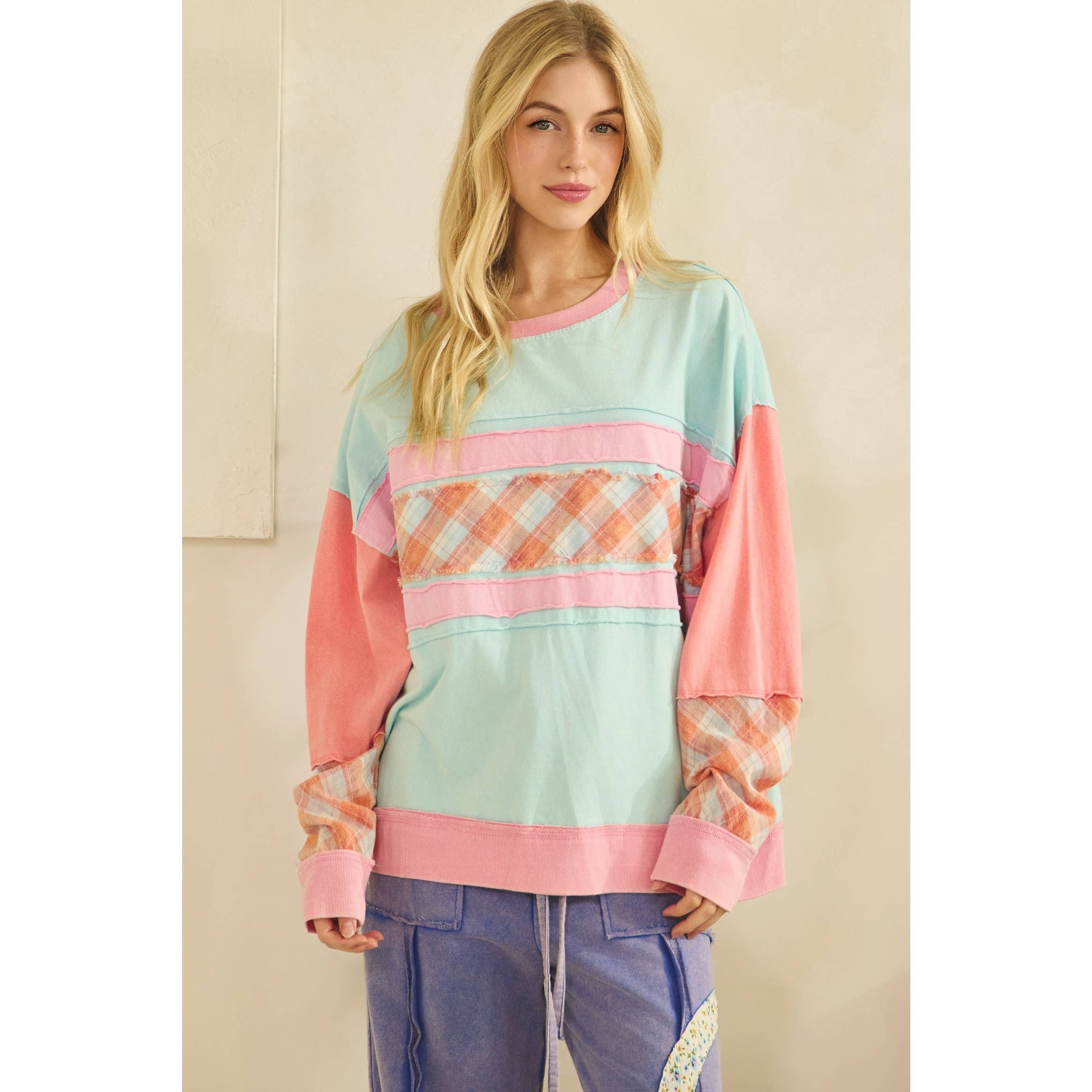 Sage + Fig COLORBLOCK PLAID PATCHWORK PULLOVER