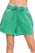 Zenana Acid Wash Fleece Drawstring Shorts With Pockets