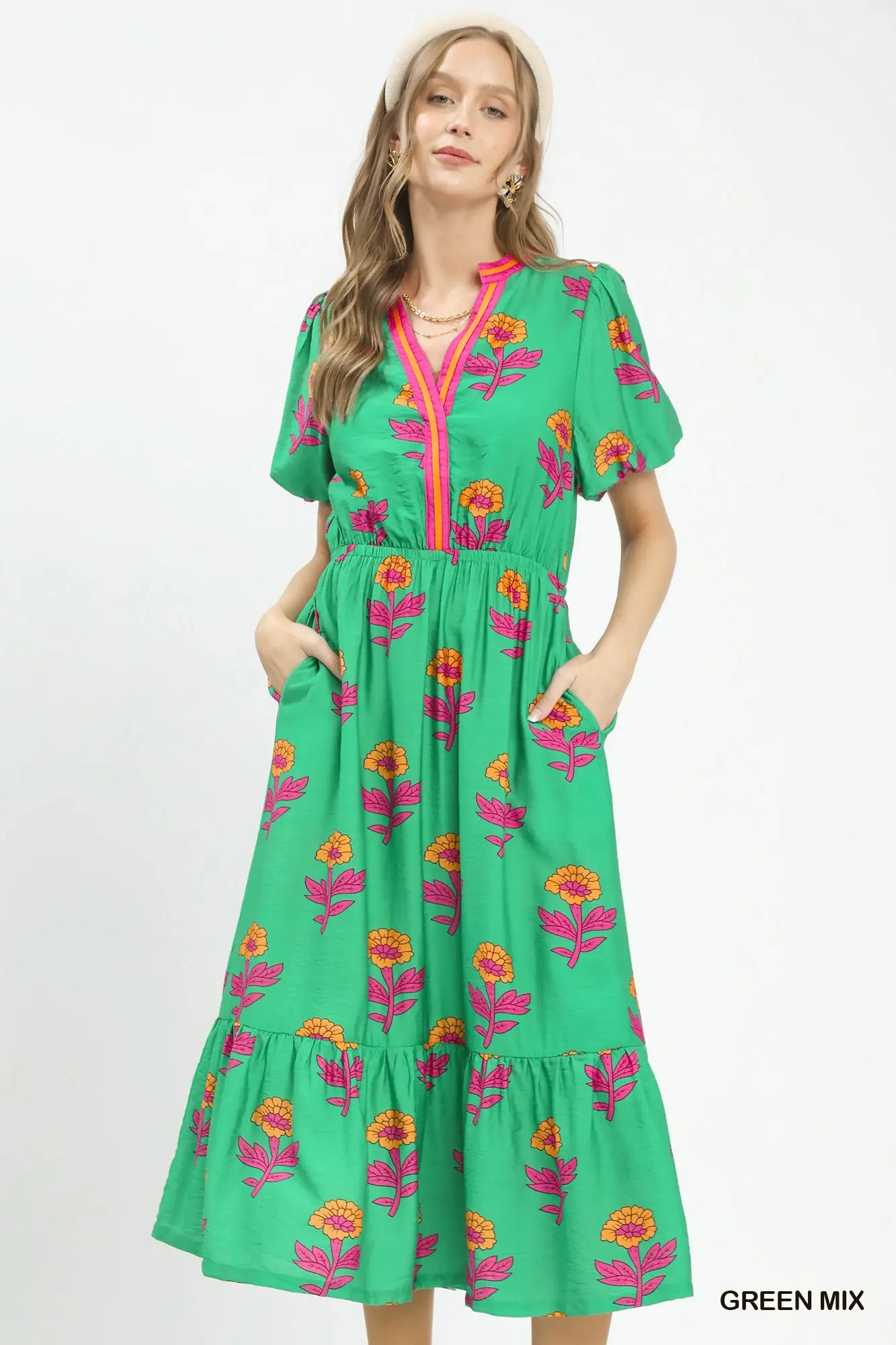 Umgee Floral Print V-Neck Midi Dress