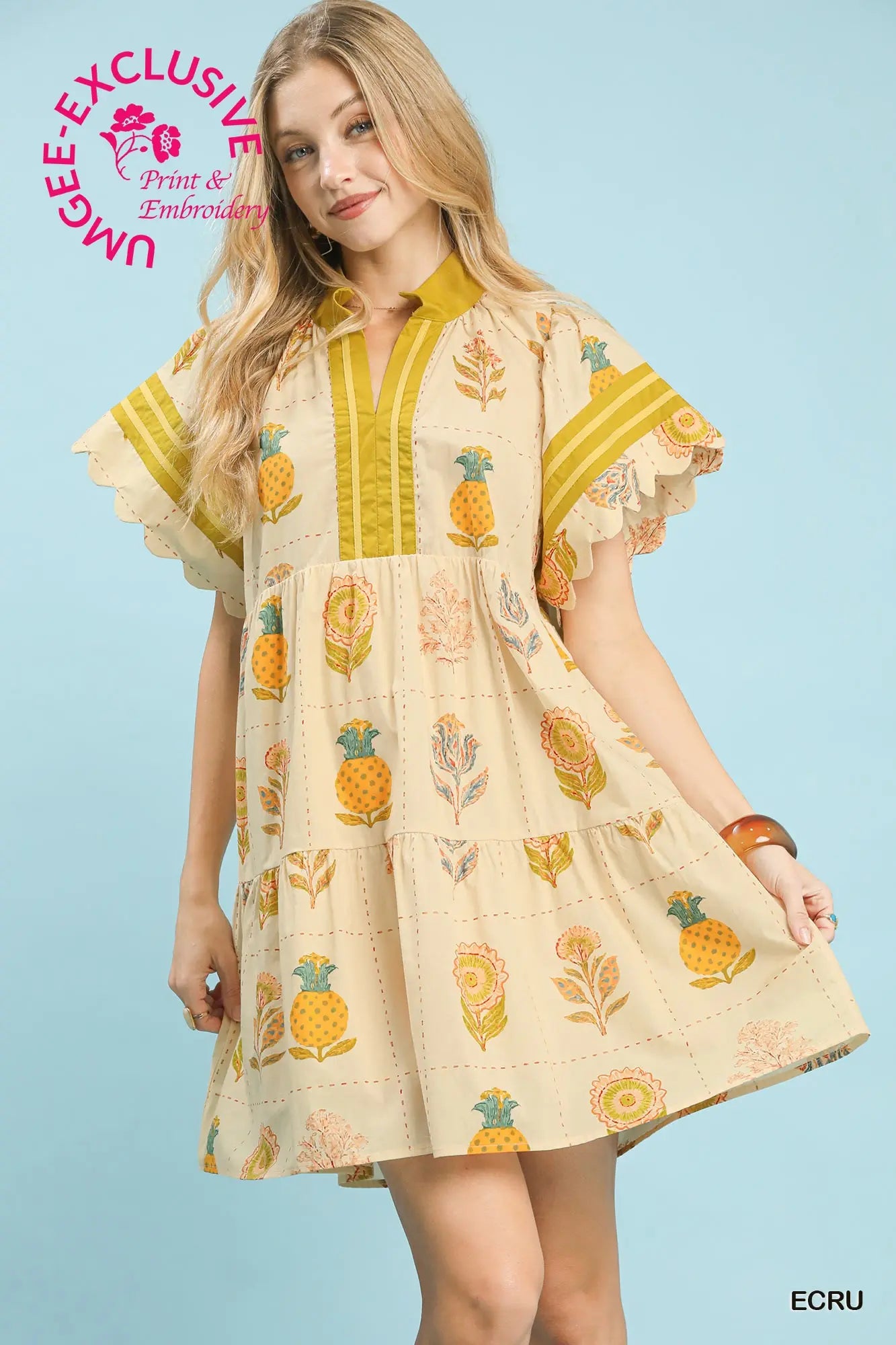 Umgee Pineapple Scallop Mini Dress